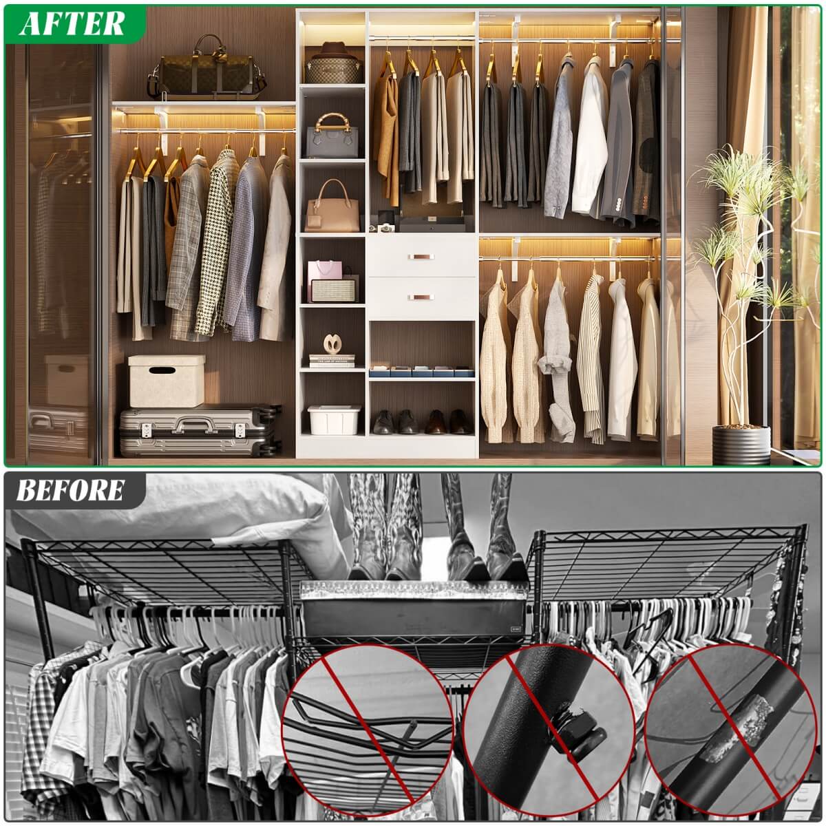96 Inch Wooden Closet Organizer System with Drawers, Hanging Rods, and Partition Storage Spaces