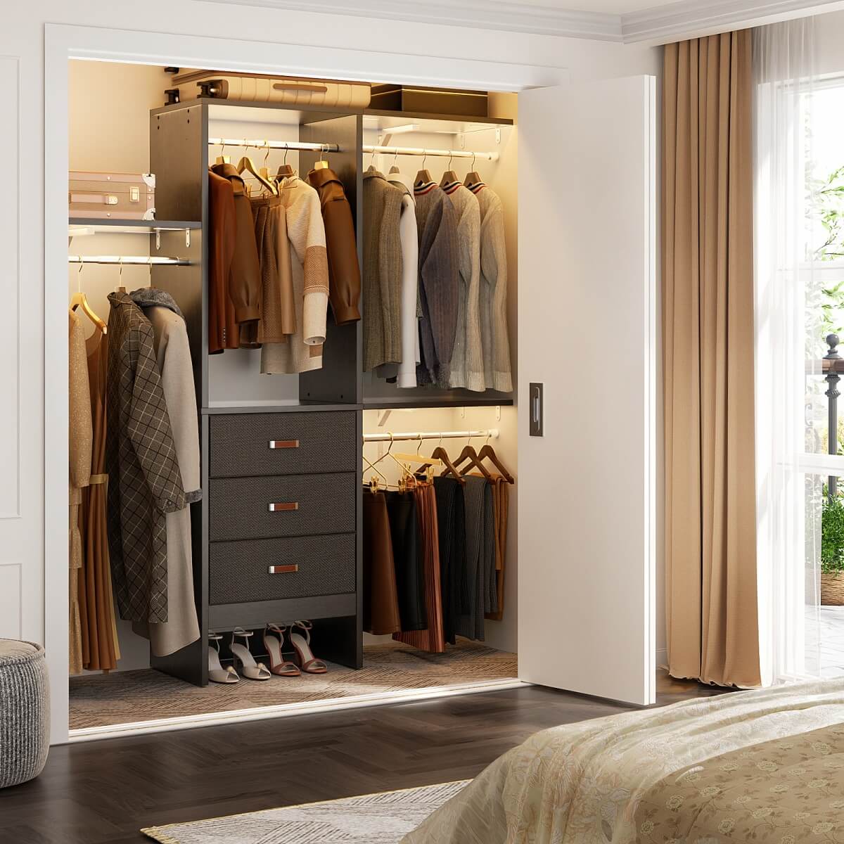 5FT Small Closet System with 3 Fabric Drawers, for Walk in Closet, Bedroom