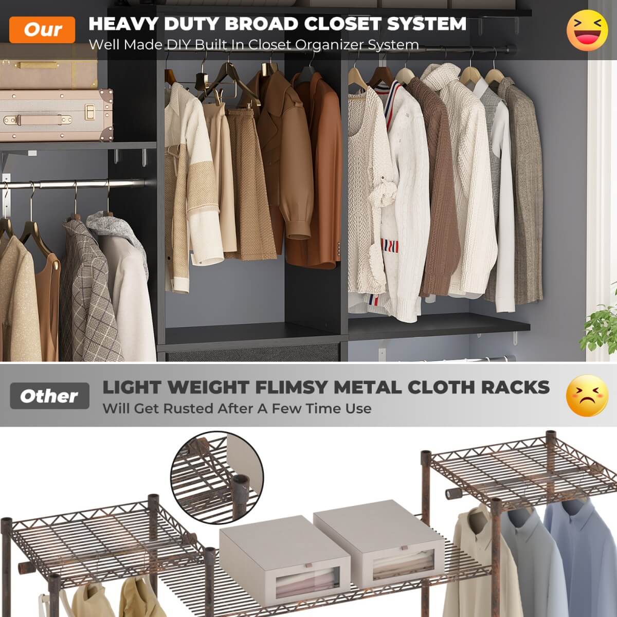 5FT Small Closet System with 3 Fabric Drawers, for Walk in Closet, Bedroom