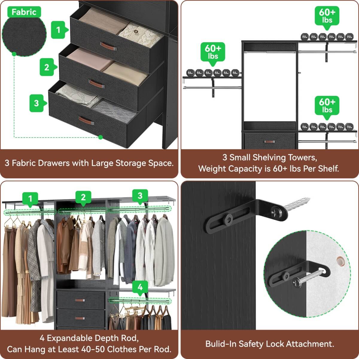 5FT Small Closet System with 3 Fabric Drawers, for Walk in Closet, Bedroom