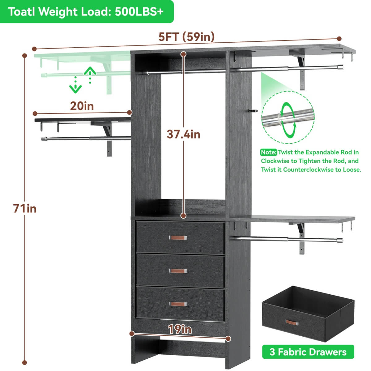 5FT Small Closet System with 3 Fabric Drawers, for Walk in Closet, Bedroom