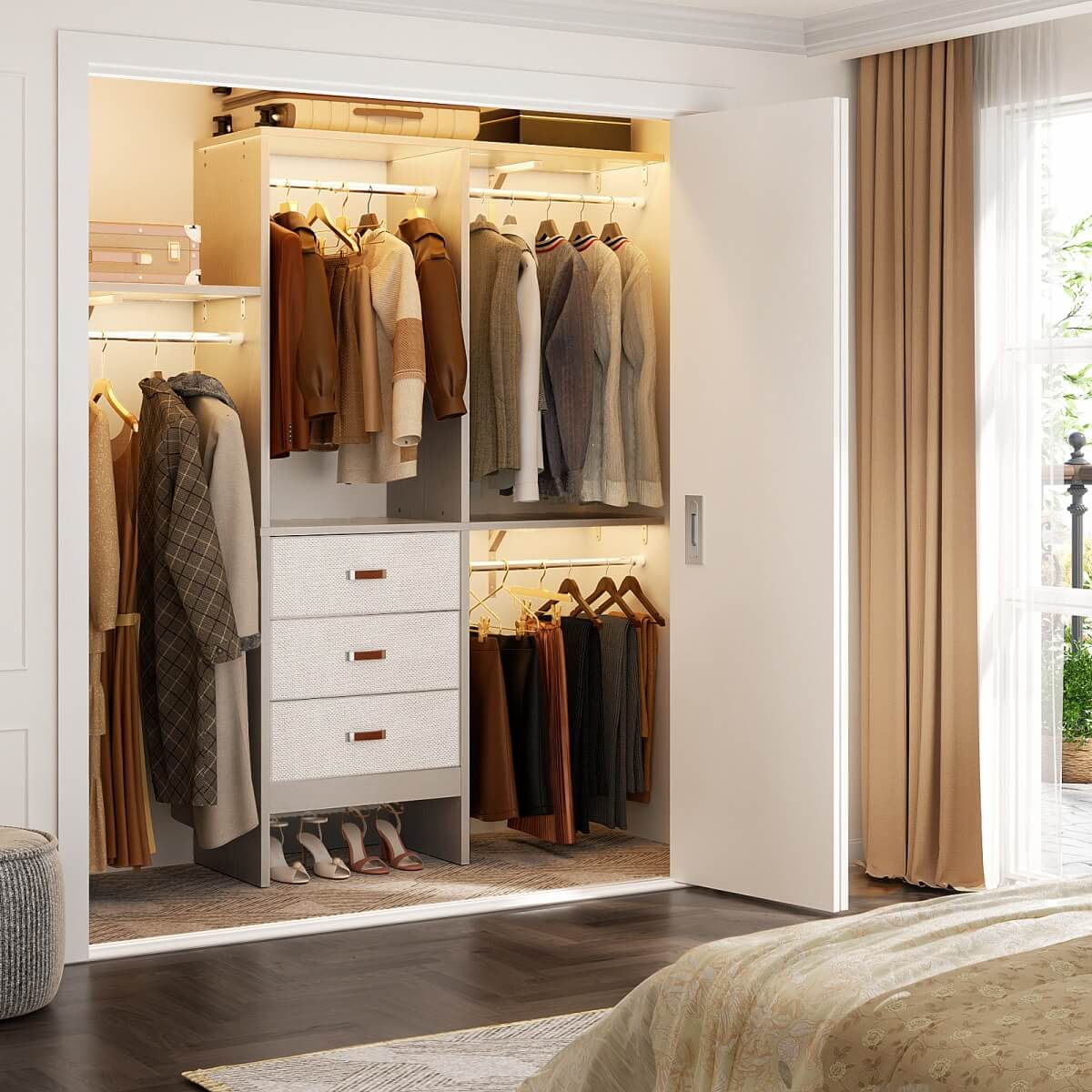5FT Small Closet System with 3 Fabric Drawers, for Walk in Closet, Bedroom