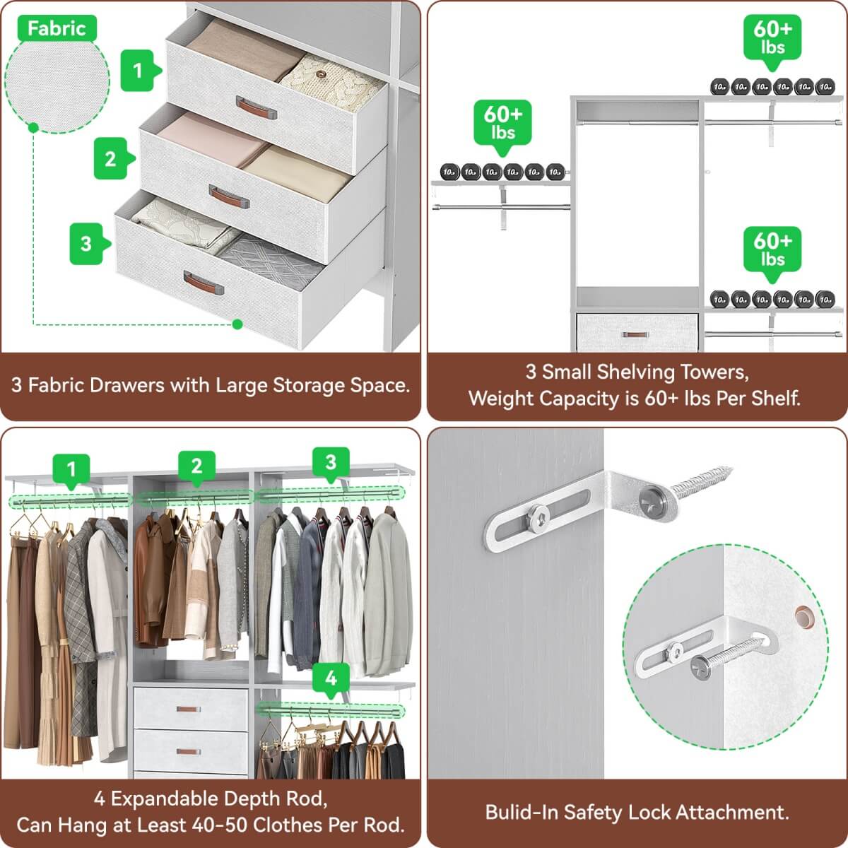 5FT Small Closet System with 3 Fabric Drawers, for Walk in Closet, Bedroom