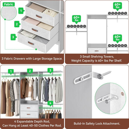 5FT Small Closet System with 3 Fabric Drawers, for Walk in Closet, Bedroom