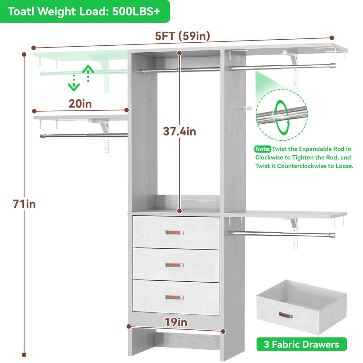 5FT Small Closet System with 3 Fabric Drawers, for Walk in Closet, Bedroom