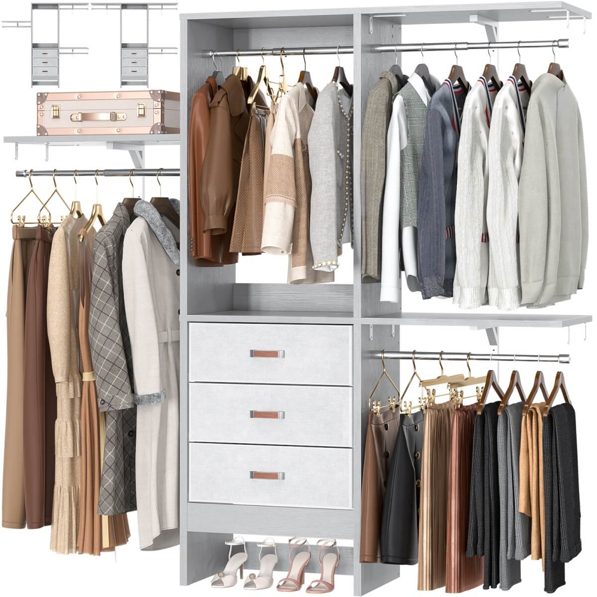 5FT Small Closet System with 3 Fabric Drawers, for Walk in Closet, Bedroom