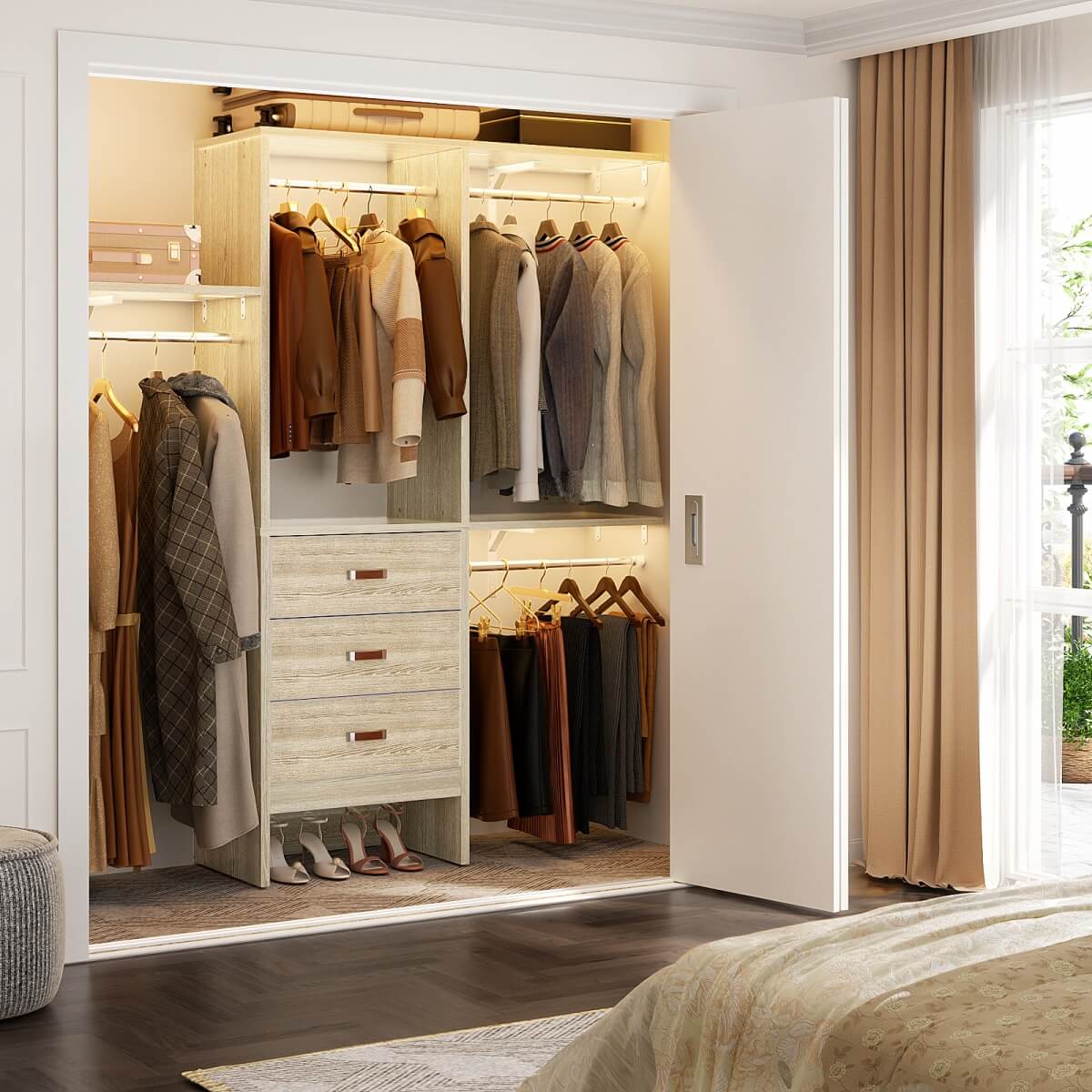 5FT Small Closet System with 3 Fabric Drawers, for Walk in Closet, Bedroom