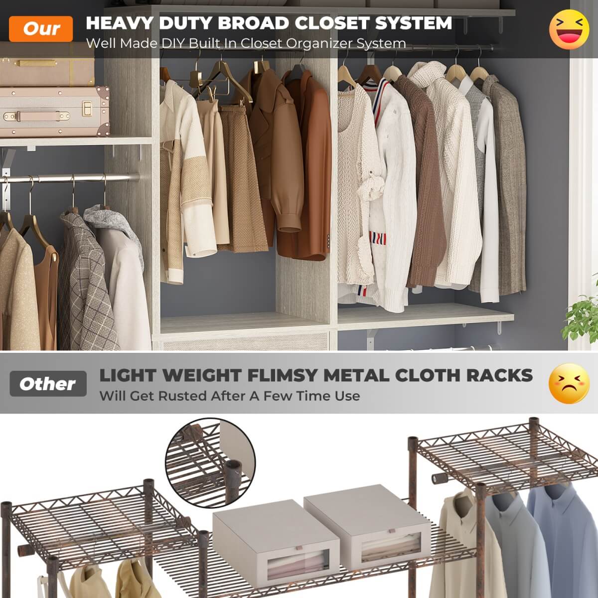 5FT Small Closet System with 3 Fabric Drawers, for Walk in Closet, Bedroom
