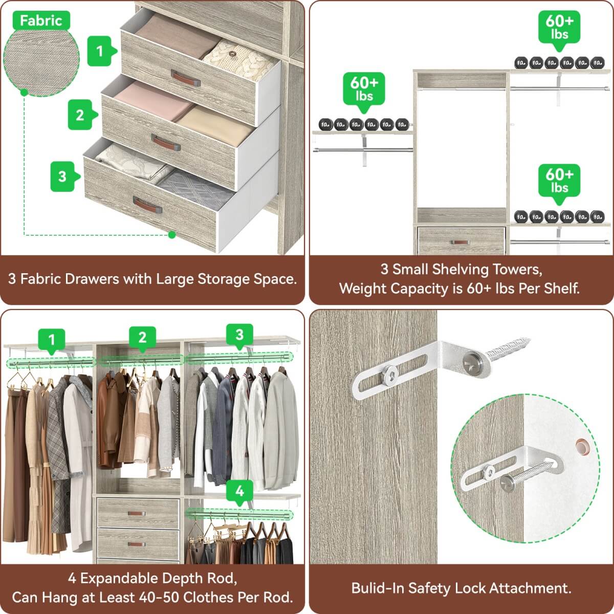 5FT Small Closet System with 3 Fabric Drawers, for Walk in Closet, Bedroom