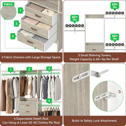 5FT Small Closet System with 3 Fabric Drawers, for Walk in Closet, Bedroom