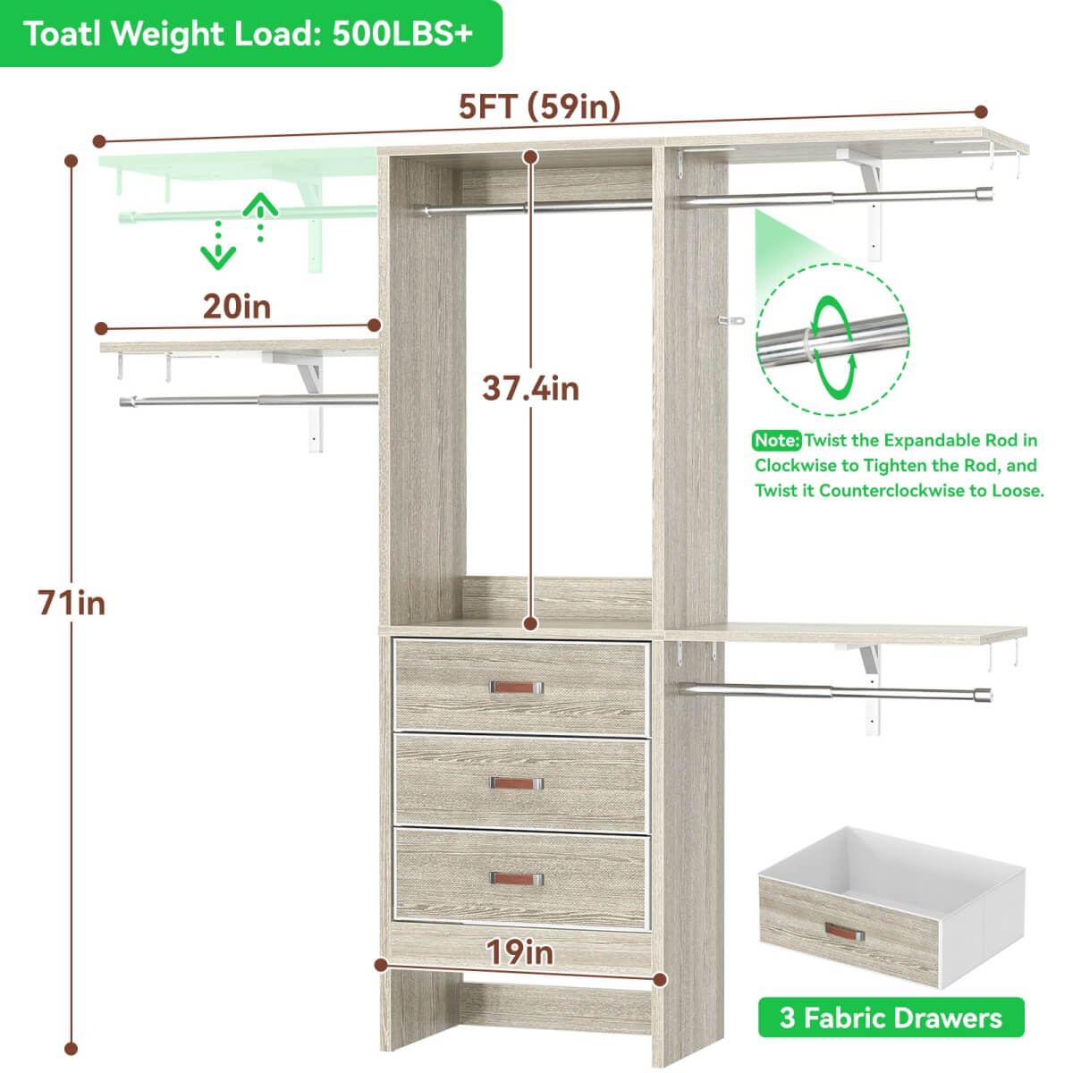 5FT Small Closet System with 3 Fabric Drawers, for Walk in Closet, Bedroom