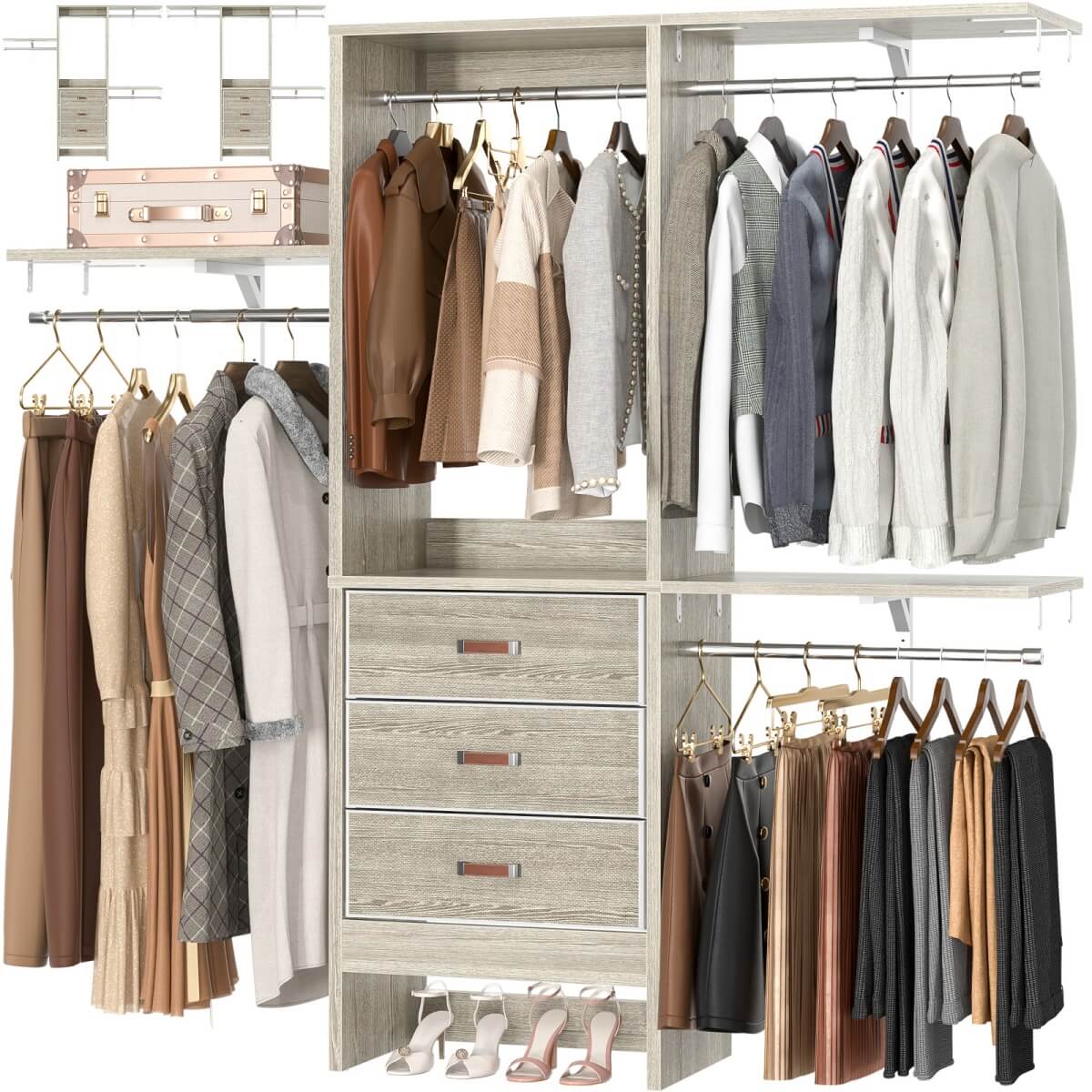 5FT Small Closet System with 3 Fabric Drawers, for Walk in Closet, Bedroom