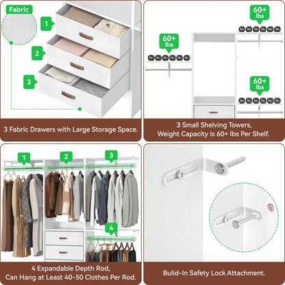 5FT Small Closet System with 3 Fabric Drawers, for Walk in Closet, Bedroom
