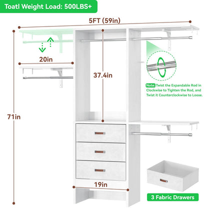 5FT Small Closet System with 3 Fabric Drawers, for Walk in Closet, Bedroom