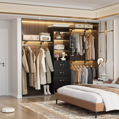 8FT Walk In Closet Organizer System with 3 Drawers, Hanging Rods, and Shelving Towers, Max Load 1000 LBS