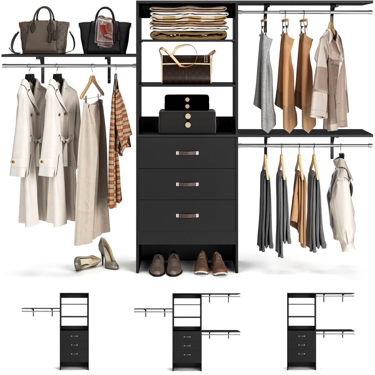 8FT Walk In Closet Organizer System with 3 Drawers, Hanging Rods, and Shelving Towers, Max Load 1000 LBS