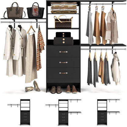 8FT Walk In Closet Organizer System with 3 Drawers, Hanging Rods, and Shelving Towers, Max Load 1000 LBS
