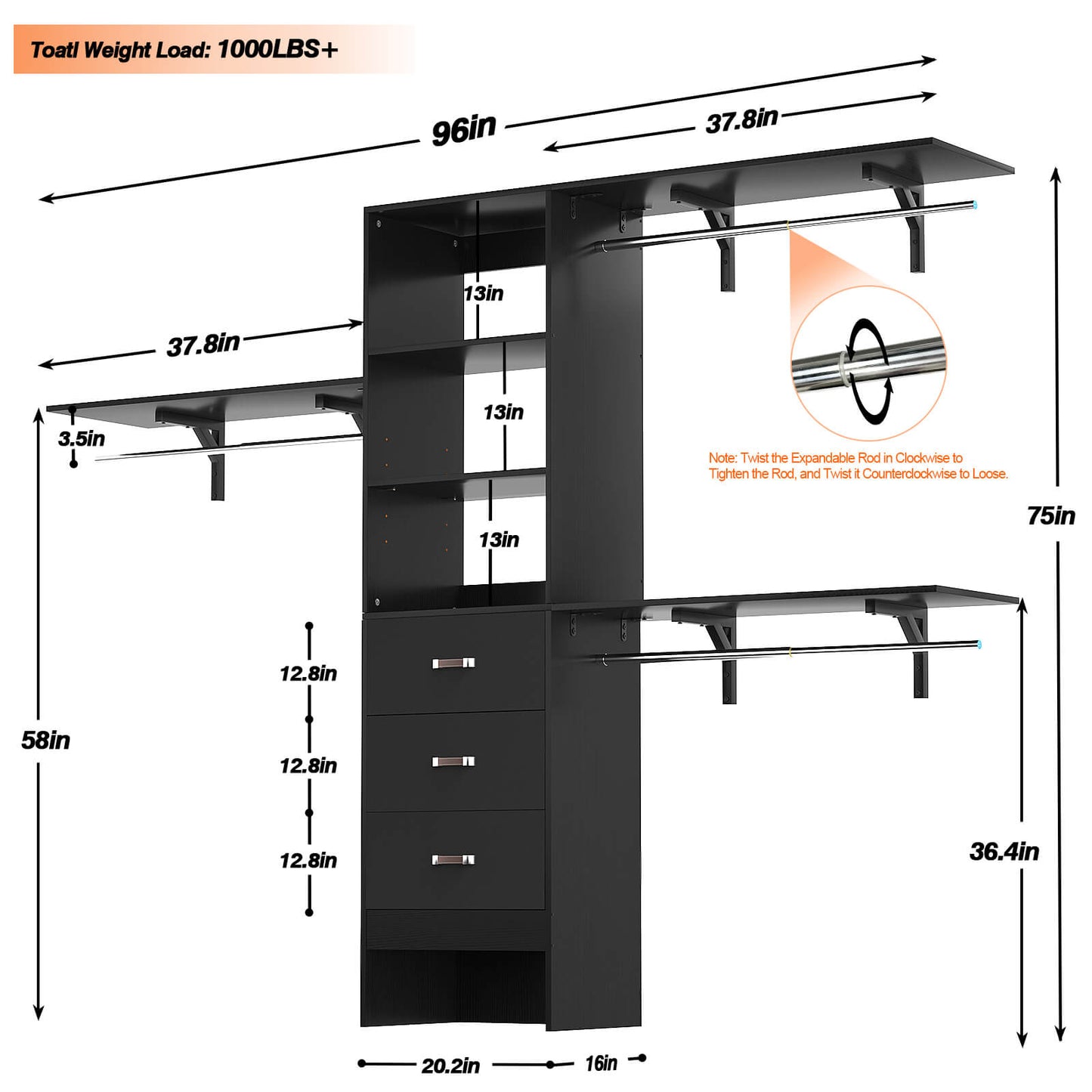 8FT Walk In Closet Organizer System with 3 Drawers, Hanging Rods, and Shelving Towers, Max Load 1000 LBS