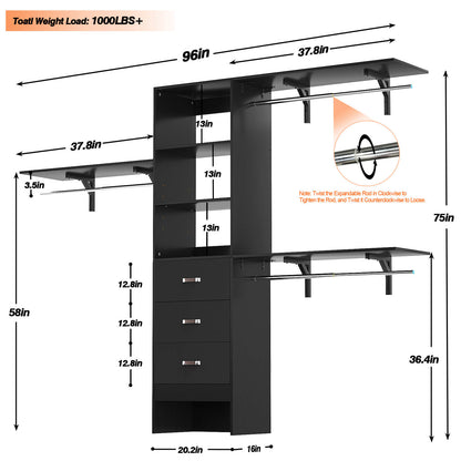 8FT Walk In Closet Organizer System with 3 Drawers, Hanging Rods, and Shelving Towers, Max Load 1000 LBS