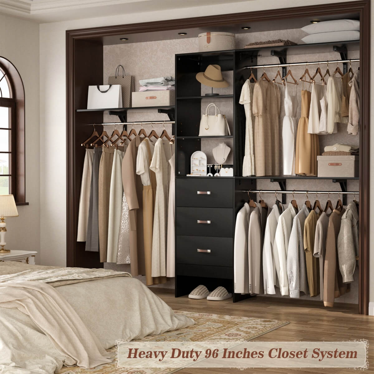 8FT Walk In Closet Organizer System with 3 Drawers, Hanging Rods, and Shelving Towers, Max Load 1000 LBS