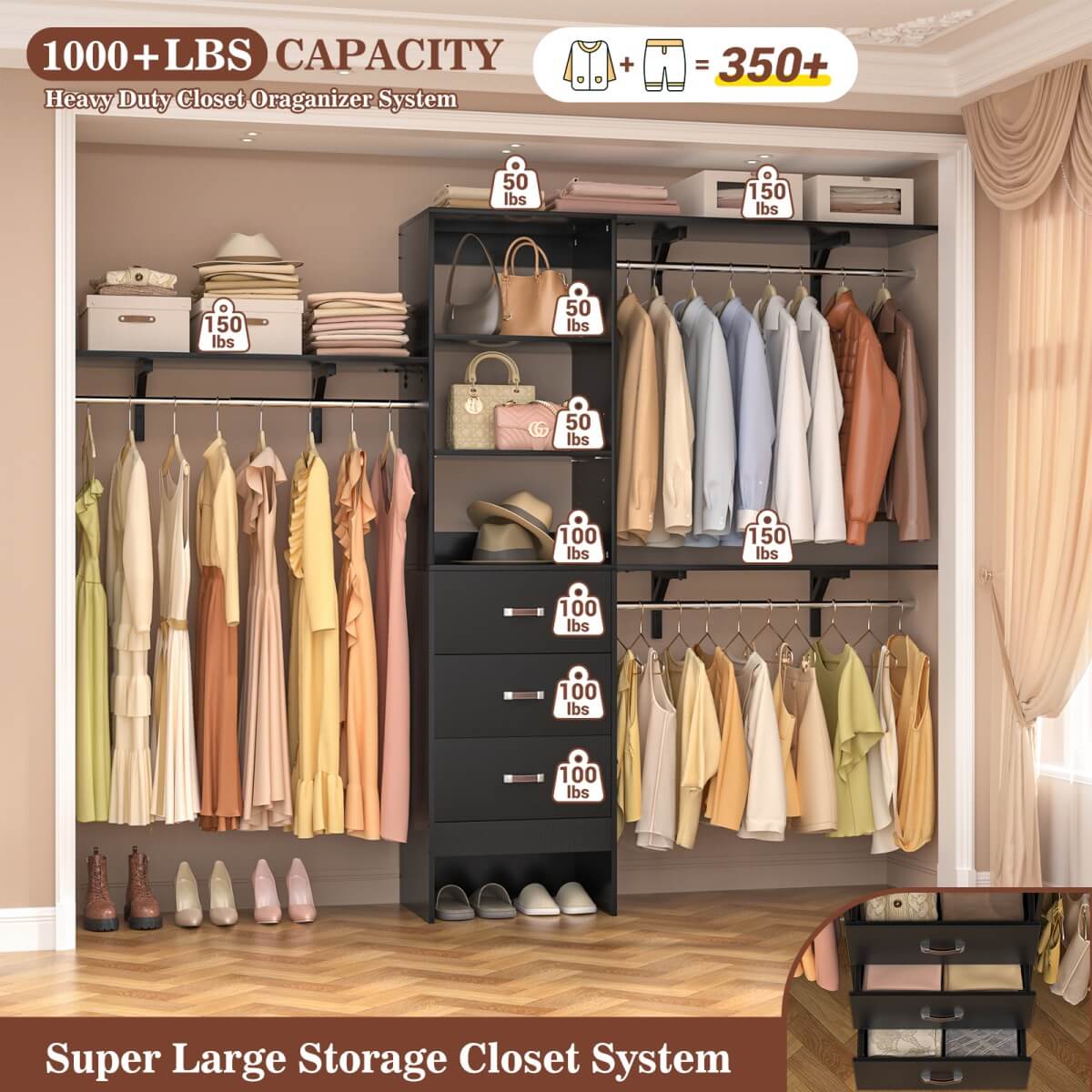 8FT Walk In Closet Organizer System with 3 Drawers, Hanging Rods, and Shelving Towers, Max Load 1000 LBS