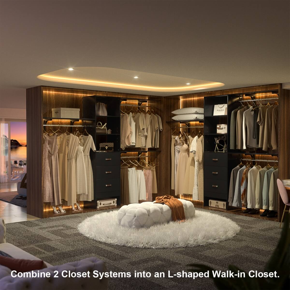 8FT Walk In Closet Organizer System with 3 Drawers, Hanging Rods, and Shelving Towers, Max Load 1000 LBS