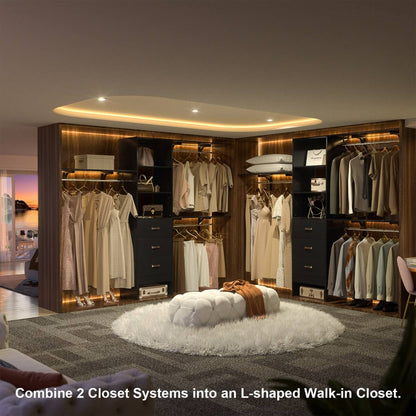 8FT Walk In Closet Organizer System with 3 Drawers, Hanging Rods, and Shelving Towers, Max Load 1000 LBS