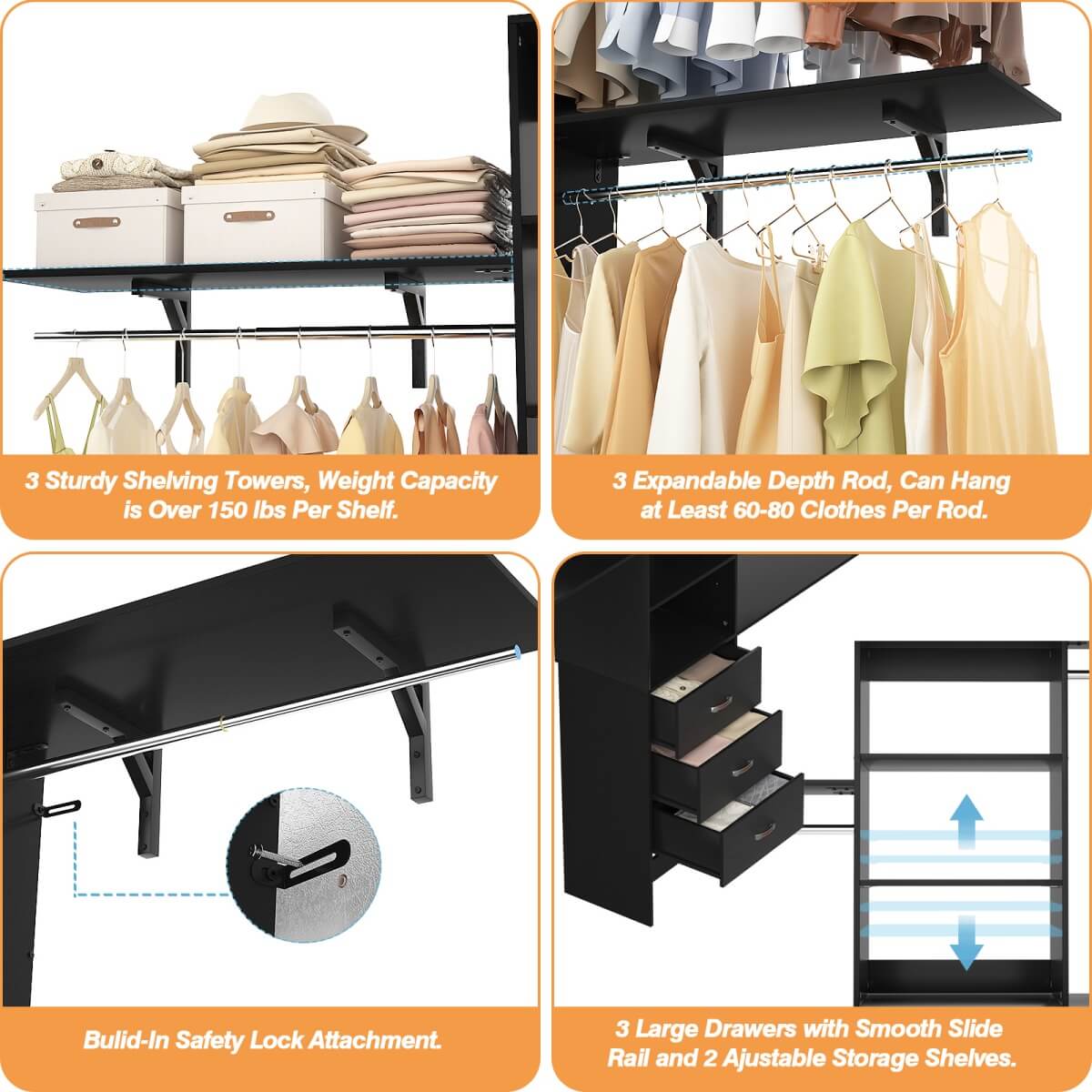 8FT Walk In Closet Organizer System with 3 Drawers, Hanging Rods, and Shelving Towers, Max Load 1000 LBS