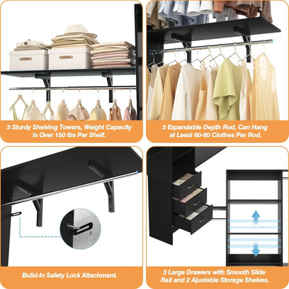 8FT Walk In Closet Organizer System with 3 Drawers, Hanging Rods, and Shelving Towers, Max Load 1000 LBS