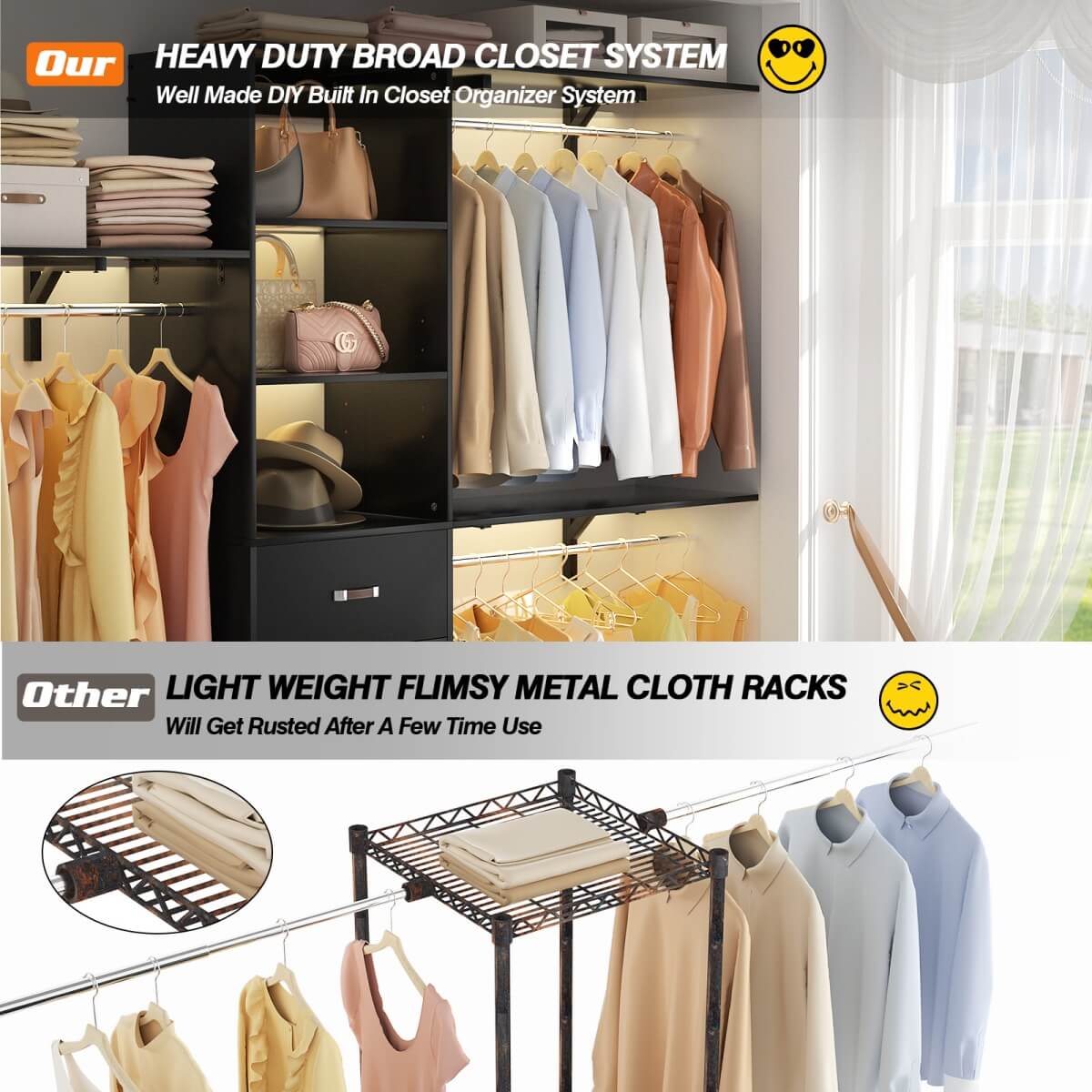 8FT Walk In Closet Organizer System with 3 Drawers, Hanging Rods, and Shelving Towers, Max Load 1000 LBS