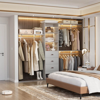 8FT Walk In Closet Organizer System with 3 Drawers, Hanging Rods, and Shelving Towers, Max Load 1000 LBS