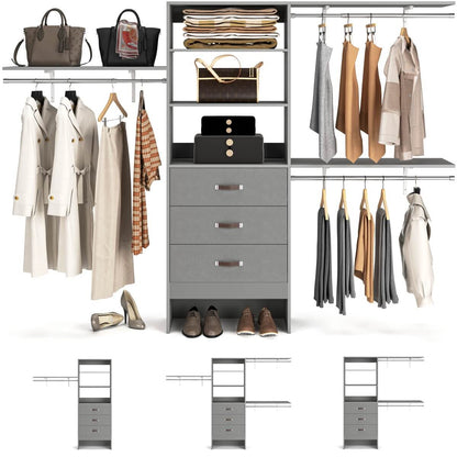 8FT Walk In Closet Organizer System with 3 Drawers, Hanging Rods, and Shelving Towers, Max Load 1000 LBS