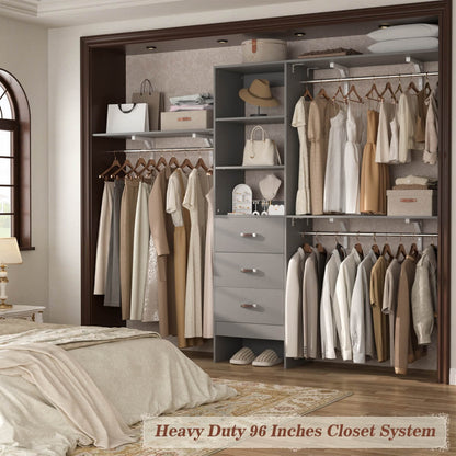 8FT Walk In Closet Organizer System with 3 Drawers, Hanging Rods, and Shelving Towers, Max Load 1000 LBS