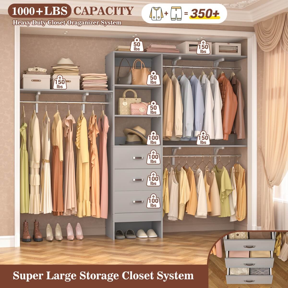 8FT Walk In Closet Organizer System with 3 Drawers, Hanging Rods, and Shelving Towers, Max Load 1000 LBS