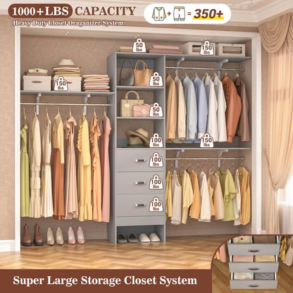8FT Walk In Closet Organizer System with 3 Drawers, Hanging Rods, and Shelving Towers, Max Load 1000 LBS