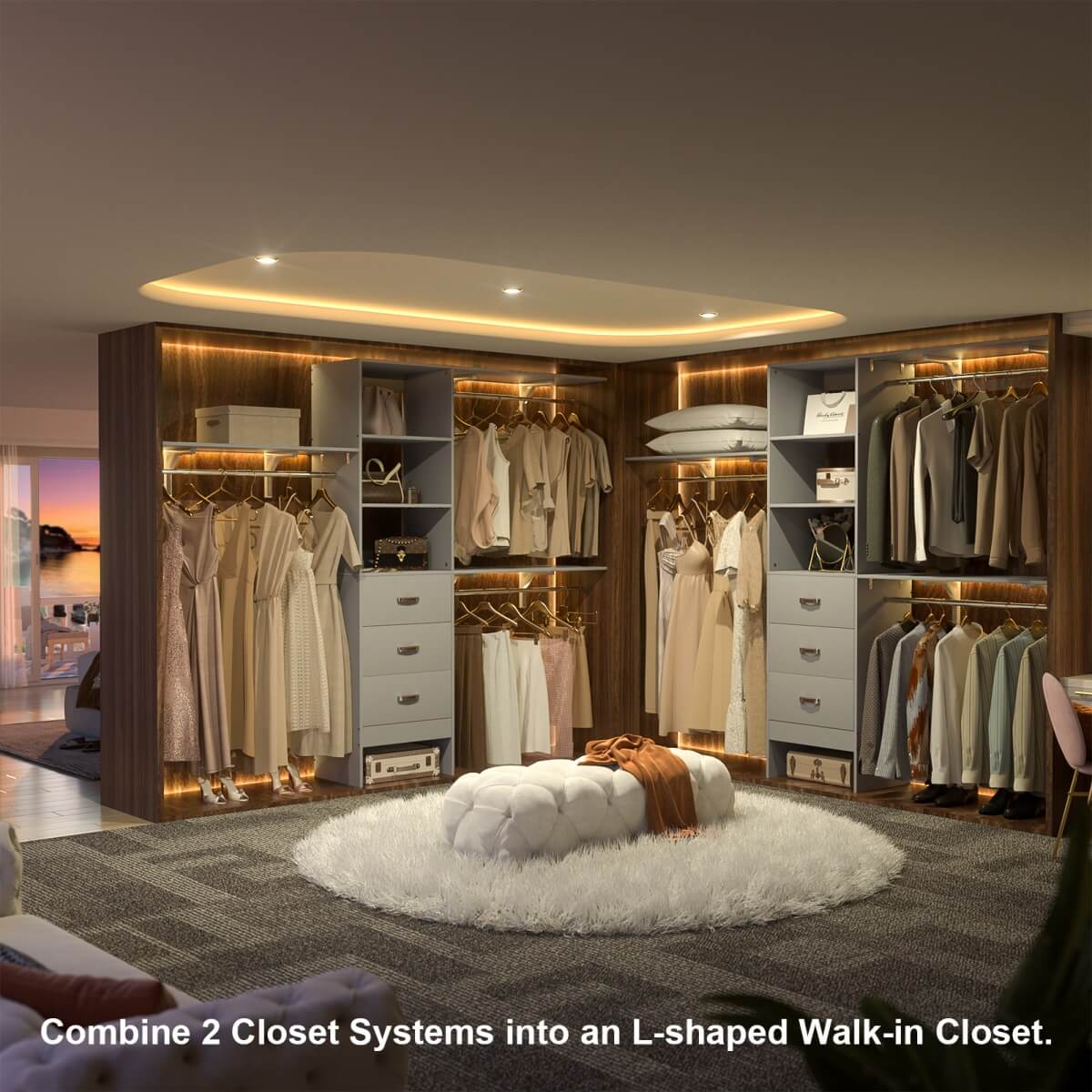 8FT Walk In Closet Organizer System with 3 Drawers, Hanging Rods, and Shelving Towers, Max Load 1000 LBS