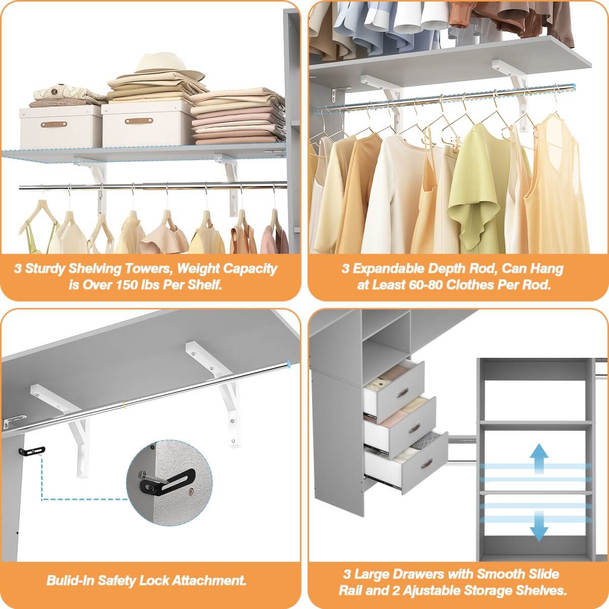 8FT Walk In Closet Organizer System with 3 Drawers, Hanging Rods, and Shelving Towers, Max Load 1000 LBS