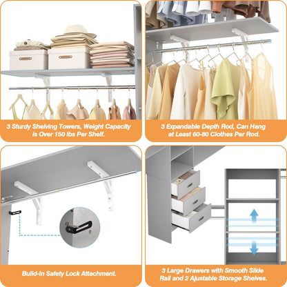 8FT Walk In Closet Organizer System with 3 Drawers, Hanging Rods, and Shelving Towers, Max Load 1000 LBS