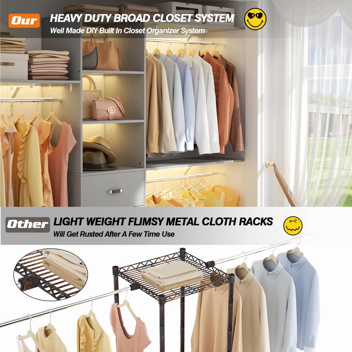 8FT Walk In Closet Organizer System with 3 Drawers, Hanging Rods, and Shelving Towers, Max Load 1000 LBS