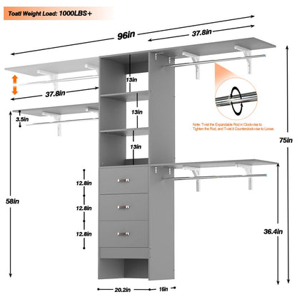 8FT Walk In Closet Organizer System with 3 Drawers, Hanging Rods, and Shelving Towers, Max Load 1000 LBS