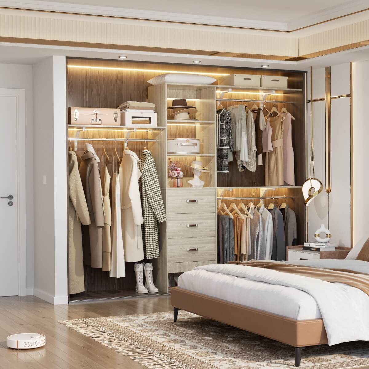 8FT Walk In Closet Organizer System with 3 Drawers, Hanging Rods, and Shelving Towers, Max Load 1000 LBS