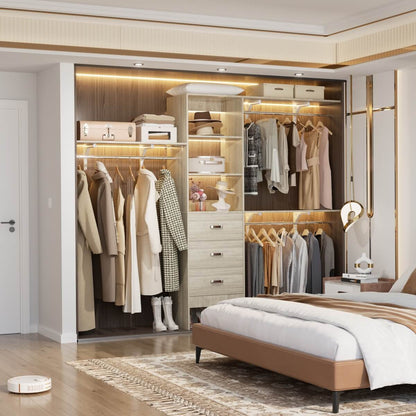 8FT Walk In Closet Organizer System with 3 Drawers, Hanging Rods, and Shelving Towers, Max Load 1000 LBS