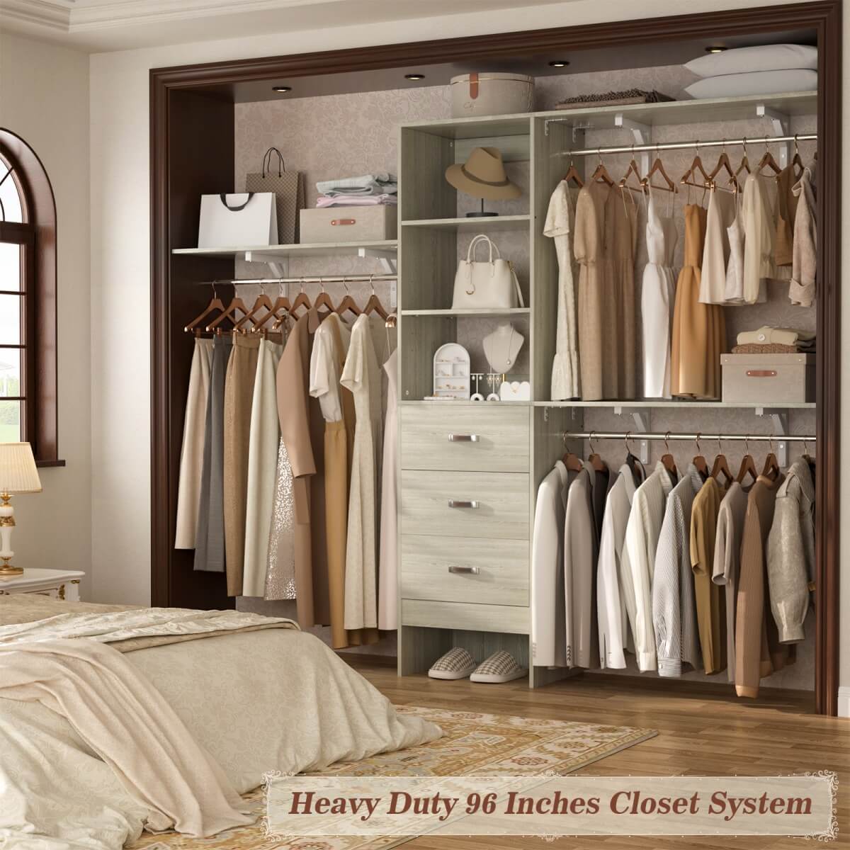 8FT Walk In Closet Organizer System with 3 Drawers, Hanging Rods, and Shelving Towers, Max Load 1000 LBS
