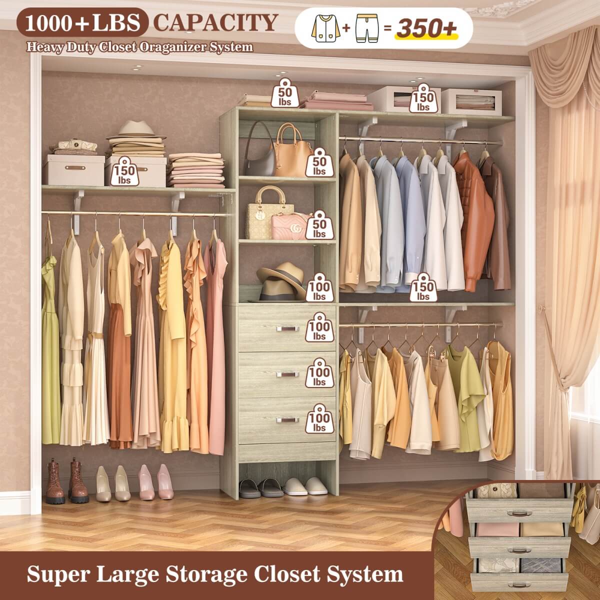 8FT Walk In Closet Organizer System with 3 Drawers, Hanging Rods, and Shelving Towers, Max Load 1000 LBS