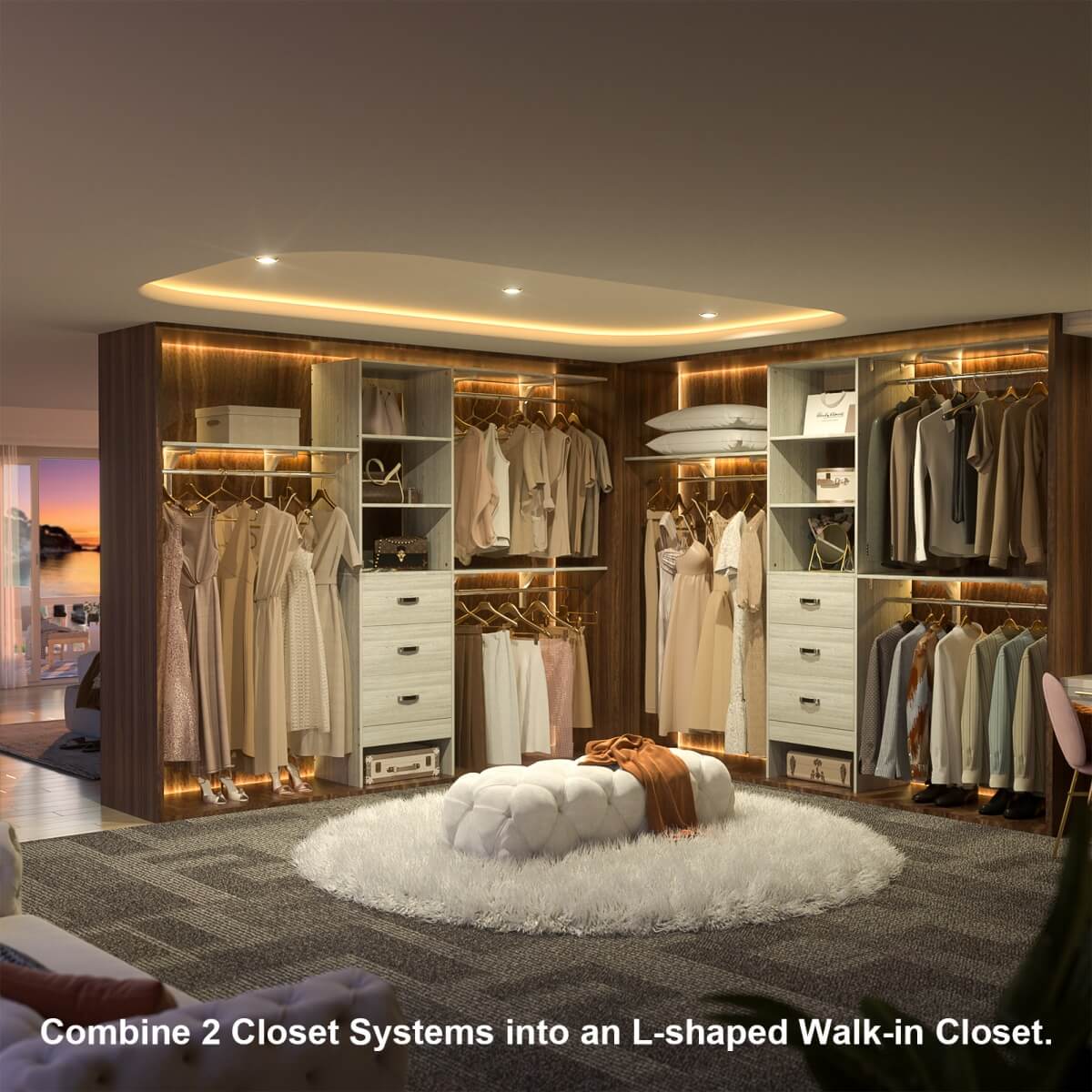 8FT Walk In Closet Organizer System with 3 Drawers, Hanging Rods, and Shelving Towers, Max Load 1000 LBS