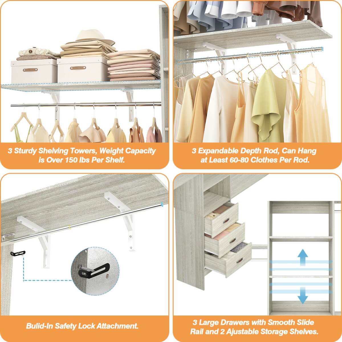 8FT Walk In Closet Organizer System with 3 Drawers, Hanging Rods, and Shelving Towers, Max Load 1000 LBS