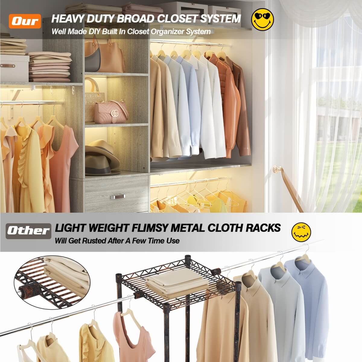 8FT Walk In Closet Organizer System with 3 Drawers, Hanging Rods, and Shelving Towers, Max Load 1000 LBS
