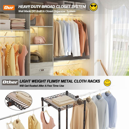 8FT Walk In Closet Organizer System with 3 Drawers, Hanging Rods, and Shelving Towers, Max Load 1000 LBS
