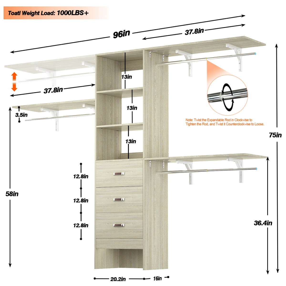 8FT Walk In Closet Organizer System with 3 Drawers, Hanging Rods, and Shelving Towers, Max Load 1000 LBS