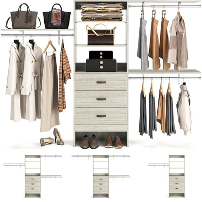 8FT Walk In Closet Organizer System with 3 Drawers, Hanging Rods, and Shelving Towers, Max Load 1000 LBS